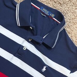 Ralph Lauren Men's Polo with Navy, White, and Red Stripes.  Fits like a large